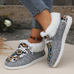Women's Sunflower Print Snow Boots Warm & Comfy Slip On Flat Shoes