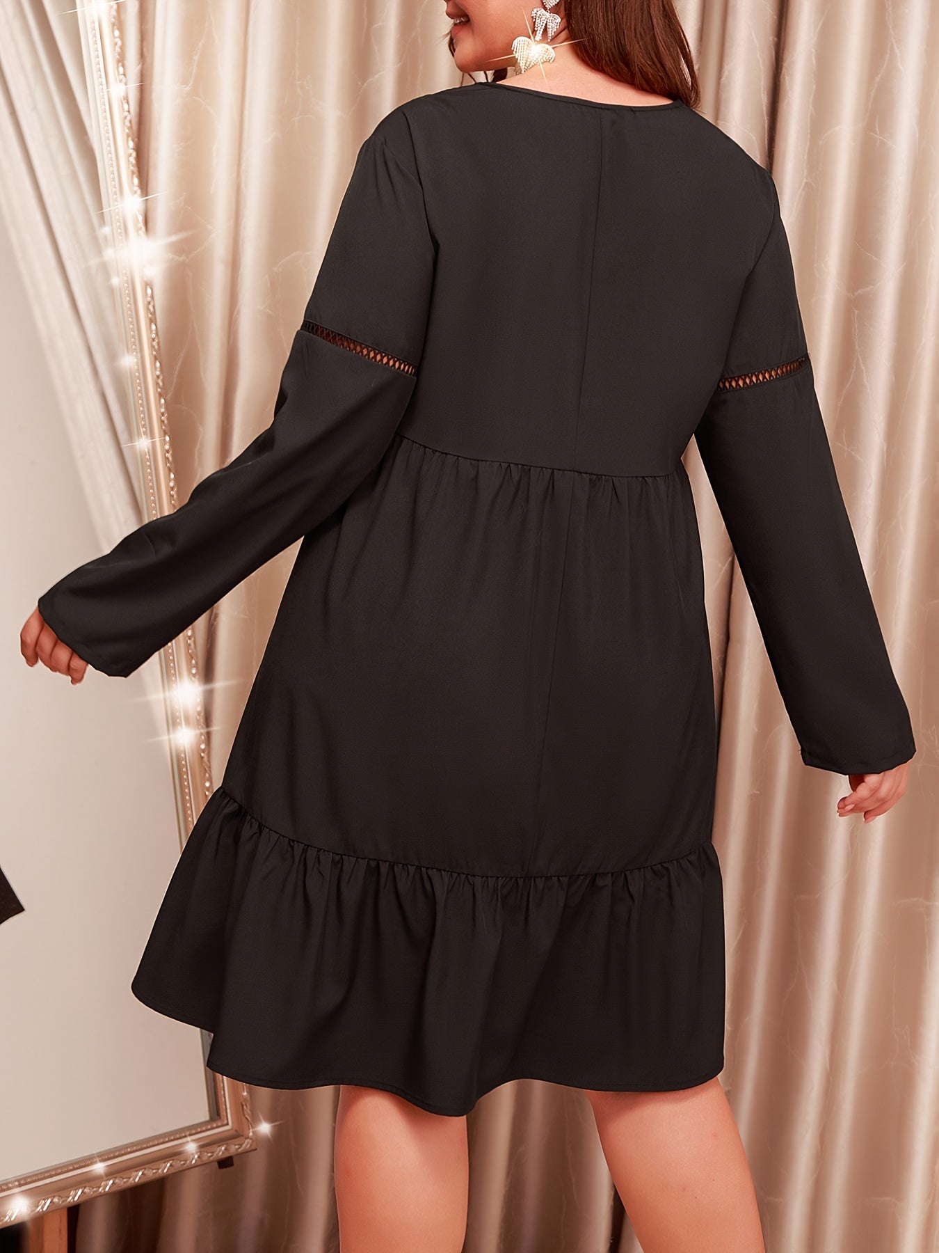  V Neck Hollow Out Long Sleeve Midi Dress