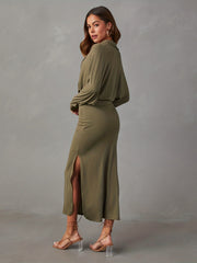  Solid Batwing Sleeve V Neck Bodycon Midi Dress
