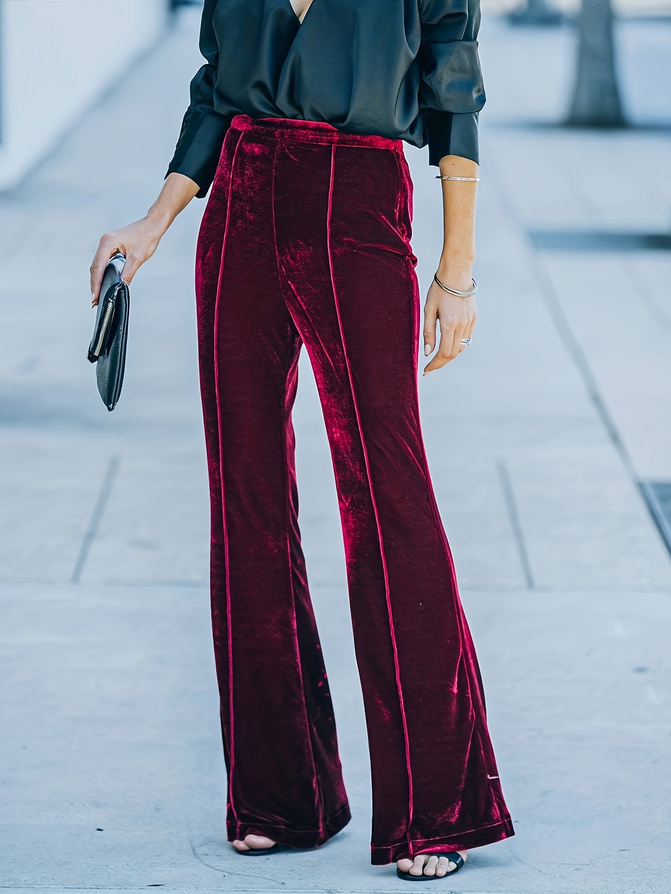  Velvet High Rise Stretch Flared Leg Trousers