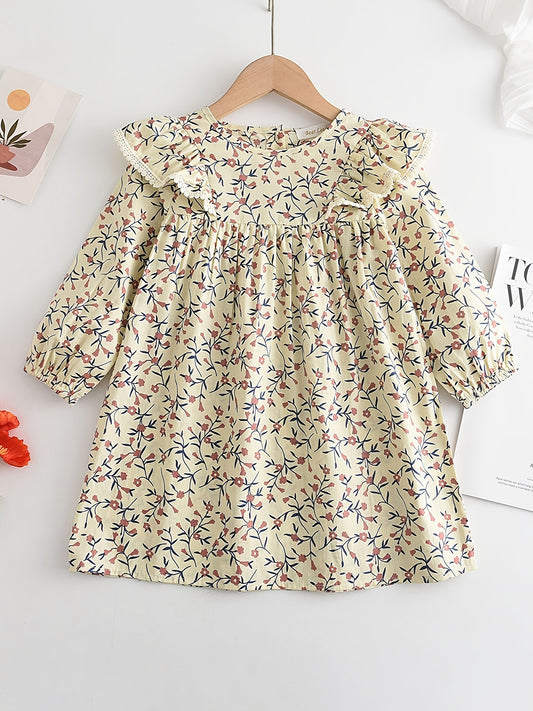 Toddler Girls Long Puff Sleeve Ruffle Trim Floral Princess Dress