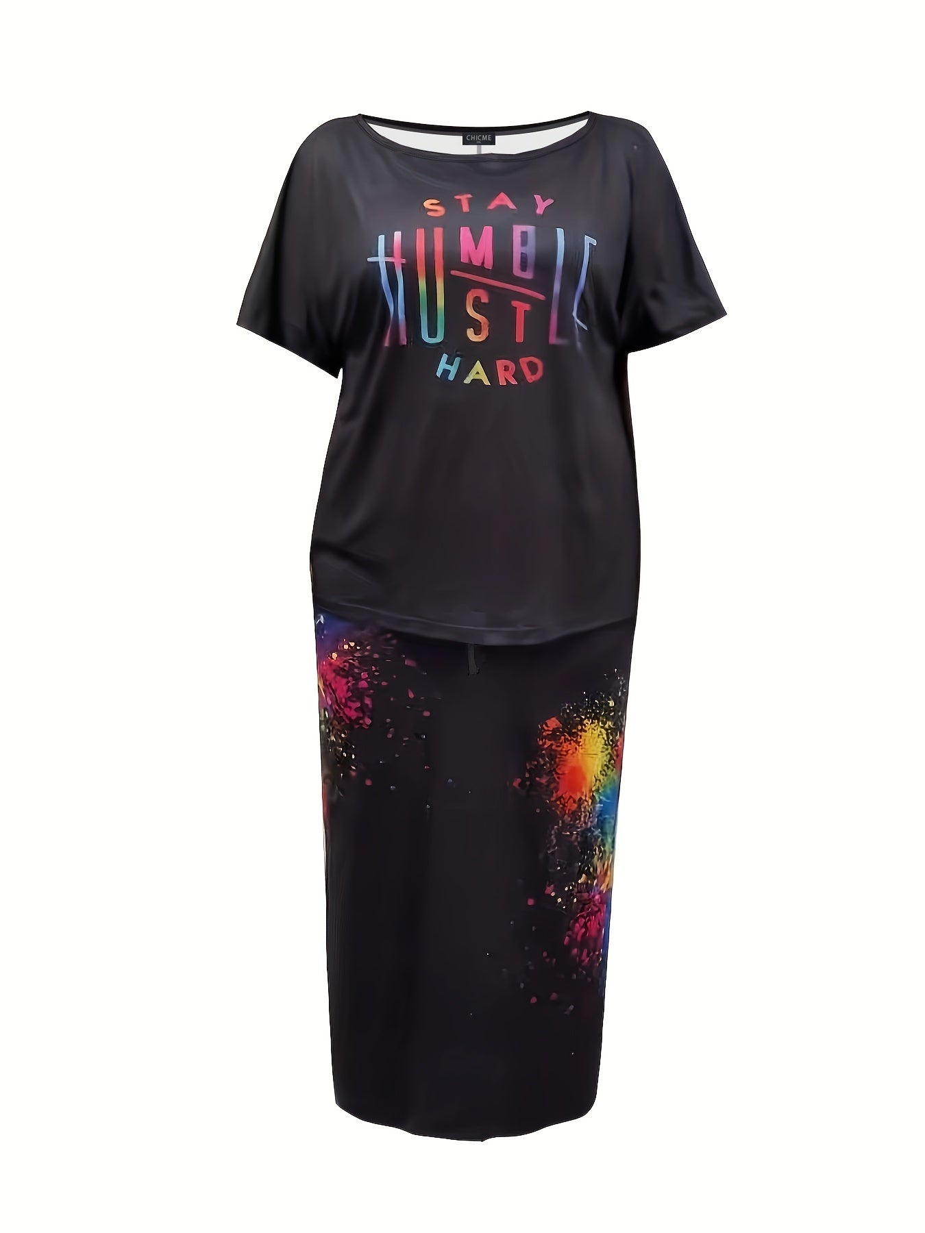Women's Plus Size Casual Two Piece Set: Letter Print Top & Floral Skirt