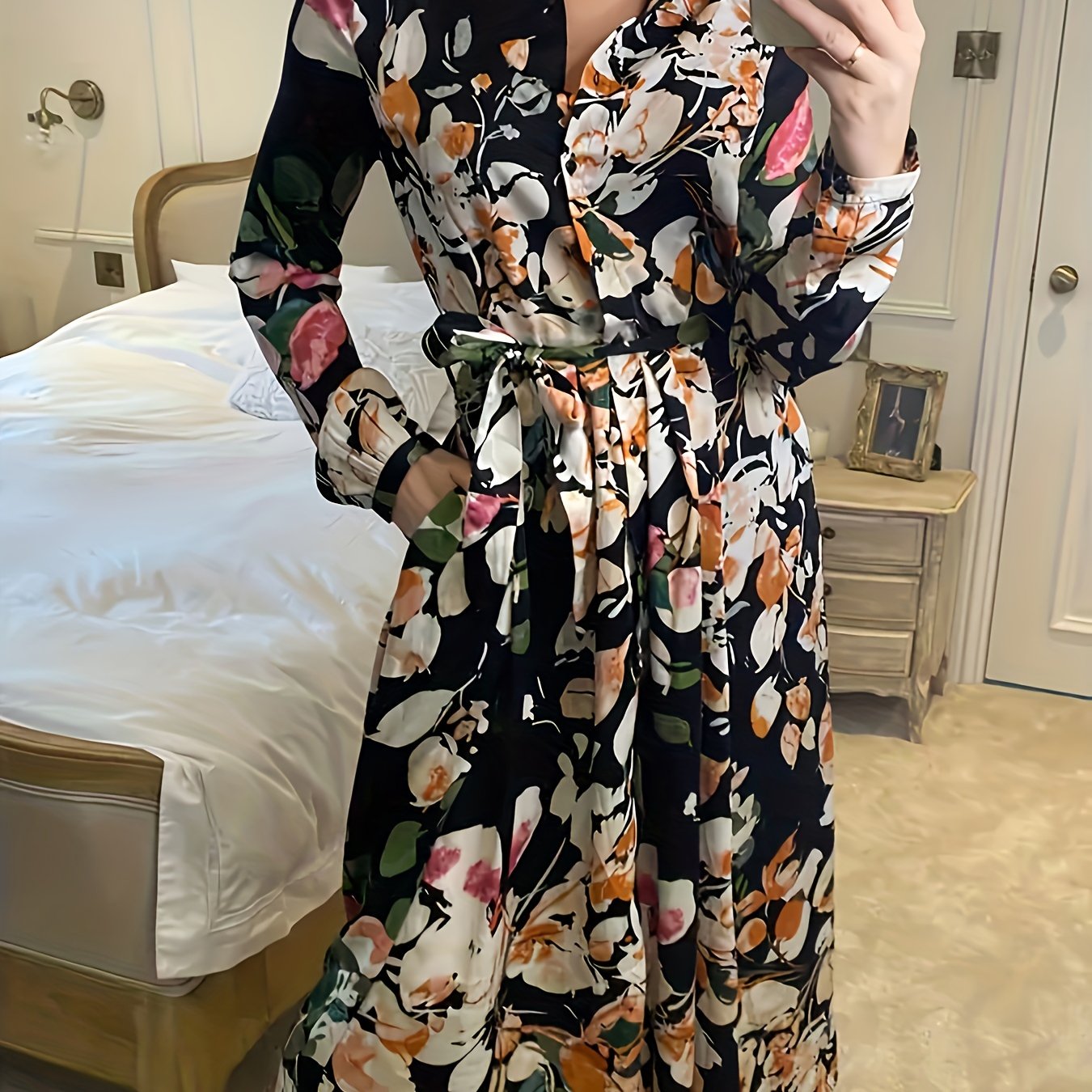 Women's Plus Floral Print Button Up Lapel Collar Midi Dress