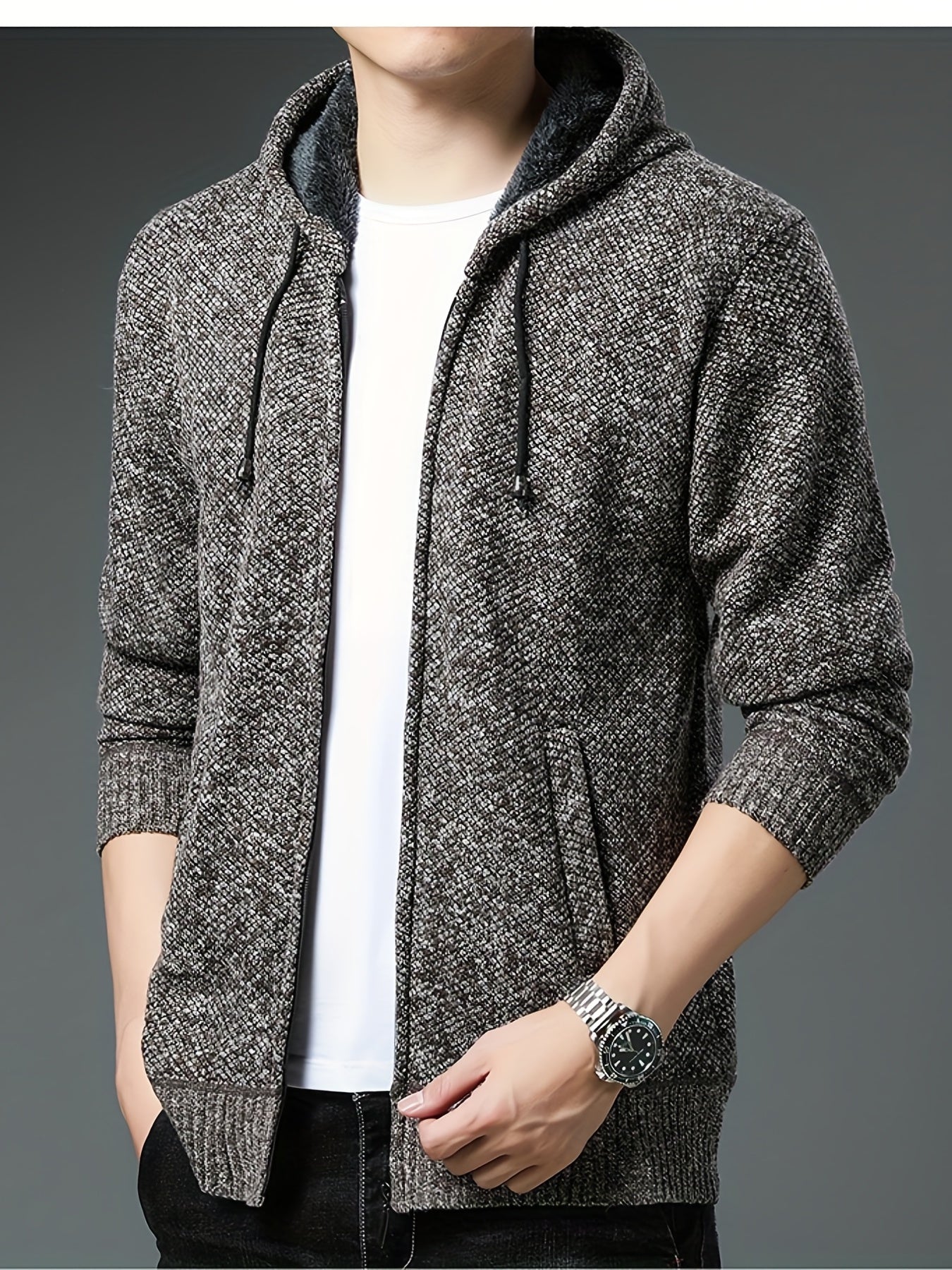 Sherpa Lined Knitted Cardigan Men's Hooded Jacket Long Sleeve Hoodies