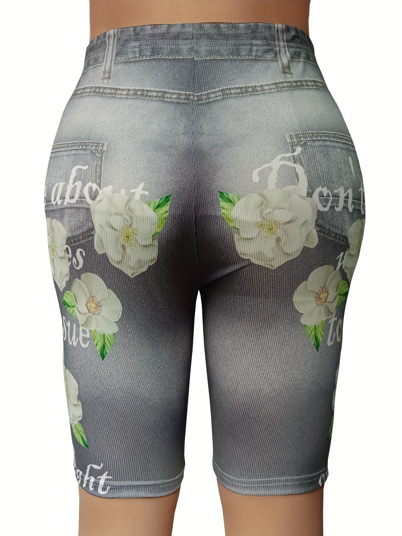  Denim & Floral Print High Rise Skinny Shorts