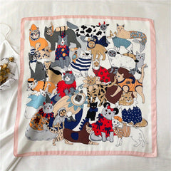 70 0cm Cat Cartoon Pattern Square Scarf Silk Feeling Headband For Women