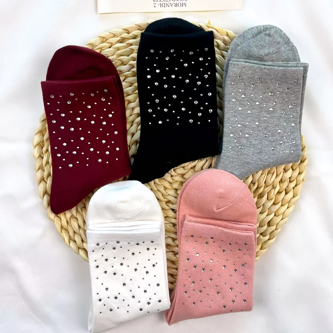 Rhinestone Decor Crew Socks Women's Stockings