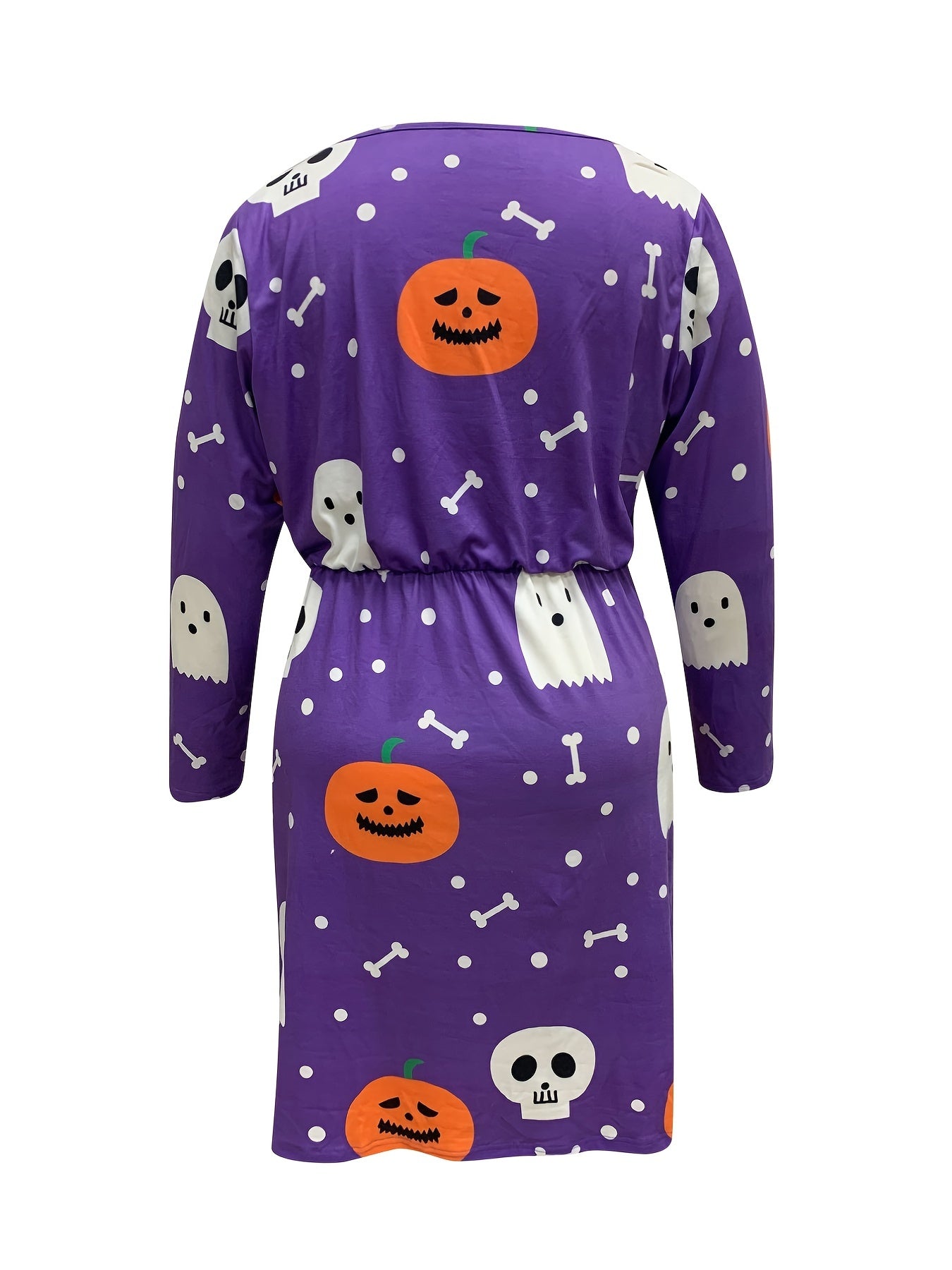 Women's Plus Ghost & Pumpkin Print Drawstring Long Sleeve V Neck Dress