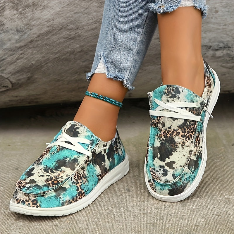 Leopard Pattern Flat Loafers Slip On Low Round Toe Lightweight Canvas Shoes