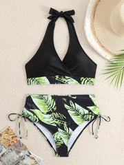 Leaf Print Bikini Set Halter V Neck High Cut Swimsuit