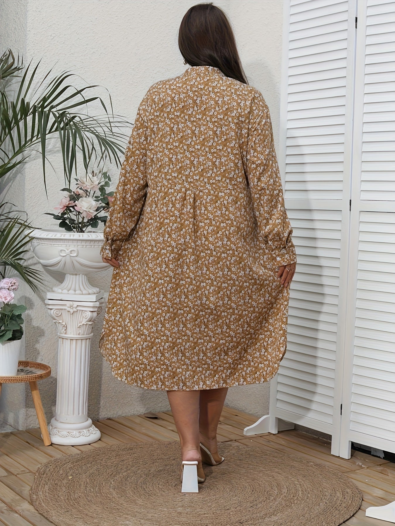  Floral Print Long Sleeve Shirt Dress