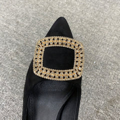 Women's Pointed Toe High Heels Square Metallic Slip On Shoes