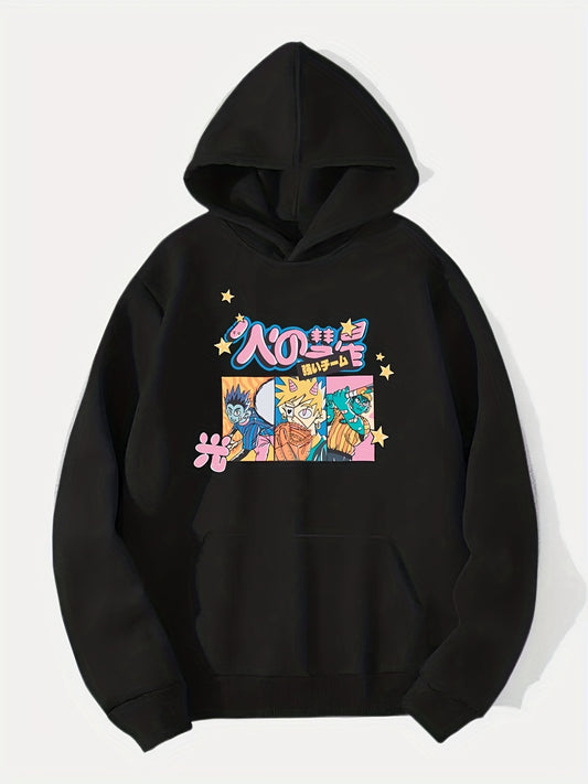 Anime Boy & Japanese Character Print Hoodie for Men