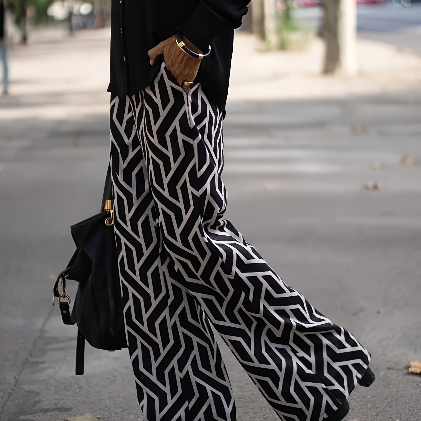  Geometric Print High Rise Wide Leg Trousers