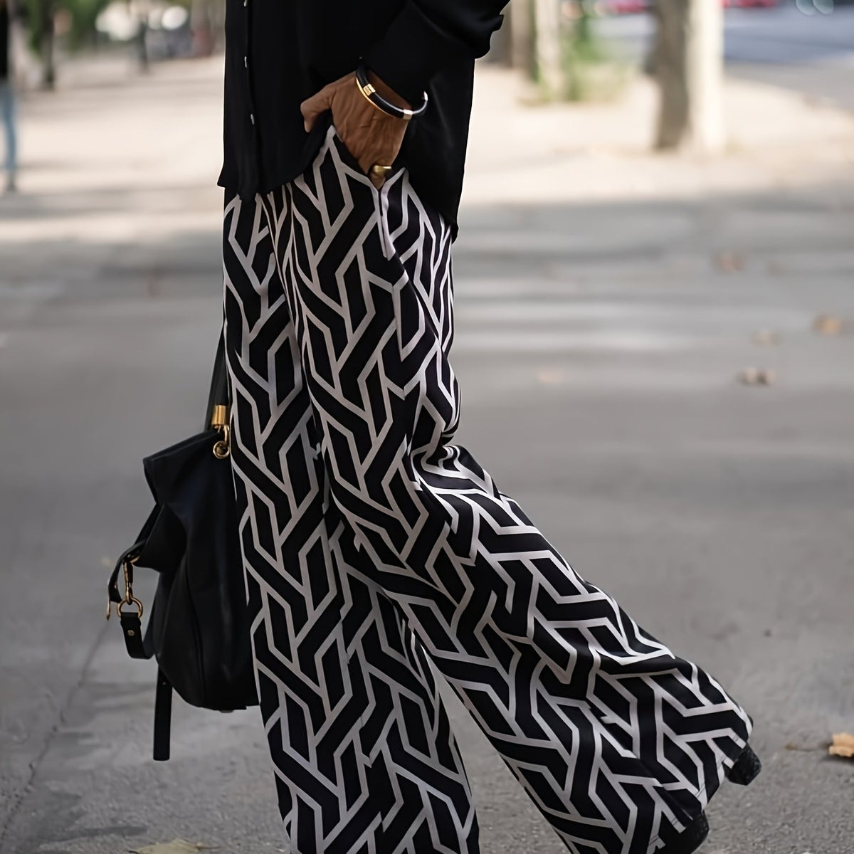  Geometric Print High Rise Wide Leg Trousers