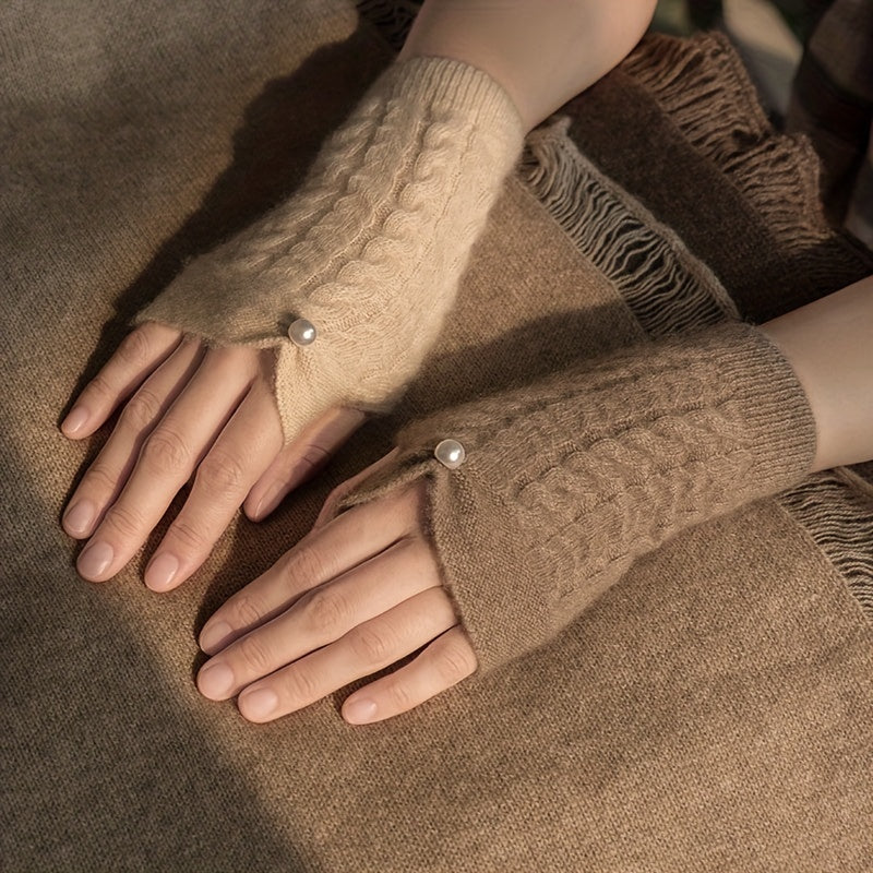 Velvet Wool Knit Fingerless Gloves with Faux Pearl Decor