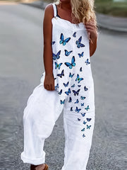Feather Print Tank Jumpsuit Sleeveless Casual Jumpsuit