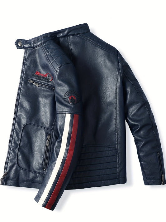 Men's Cycling Jacket Zipper Pockets Washed PU Leather Lapel Zip Up Jacket