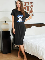 Cartoon Dog Print NightDress Short Sleeve Crew Neck Pajama Dress