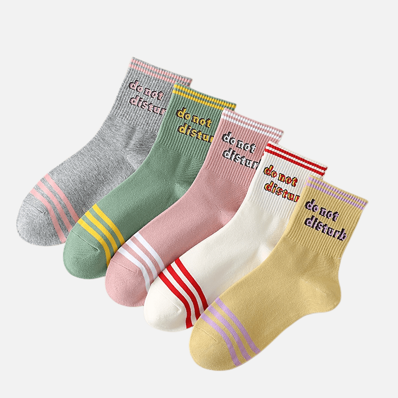 5 Pairs Letter Print Striped Socks Crew Sports Stockings Women's Hosiery