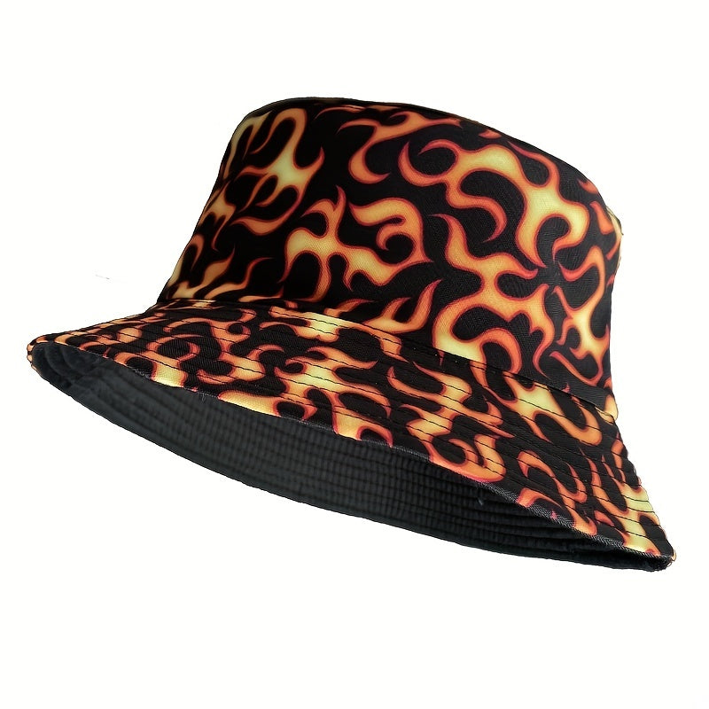 Yellow Flame Print Bucket Hat Reversible Unisex Hip Hop Basin Hat