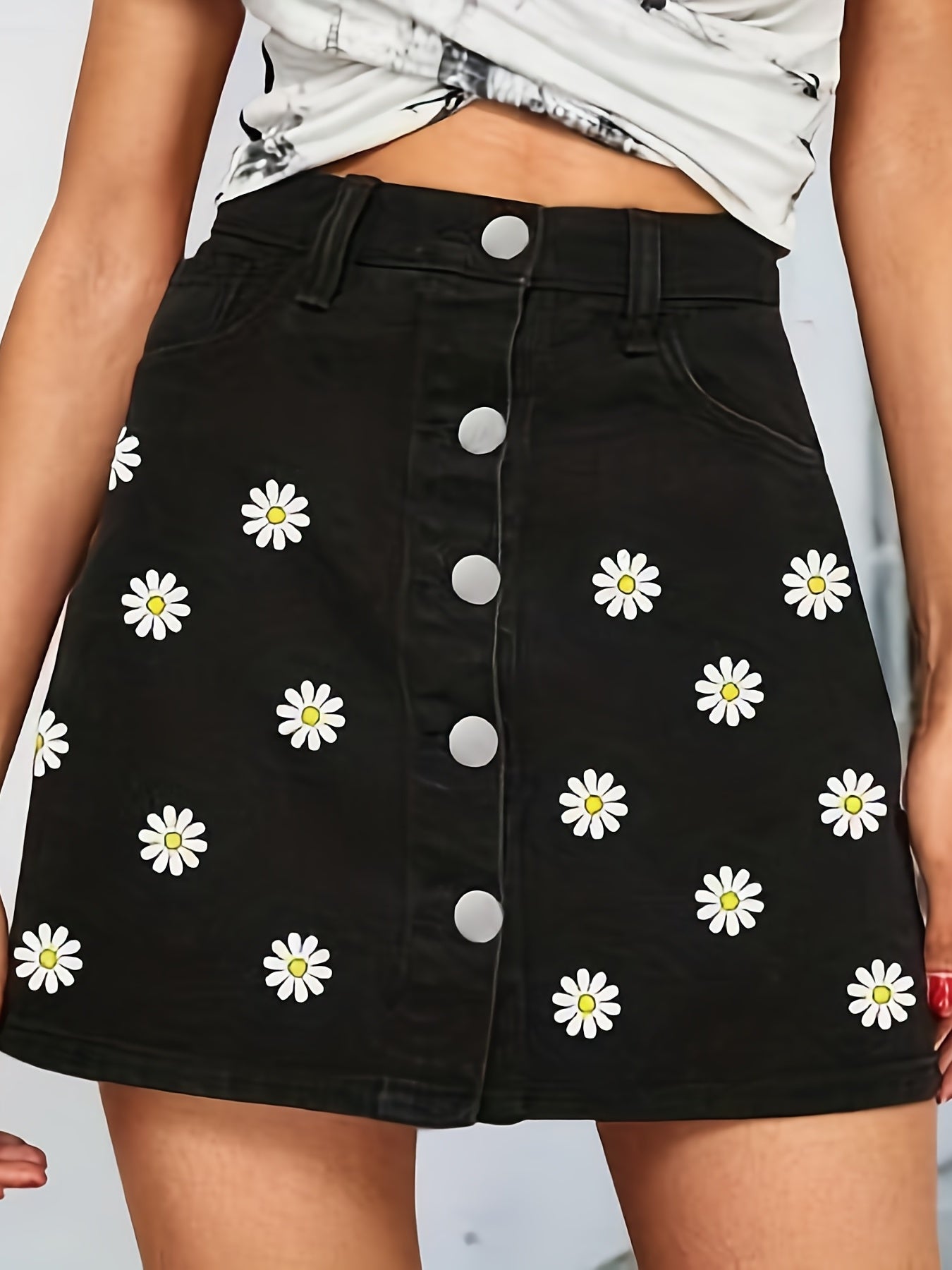 Floral Pattern Denim Skirt Single Breasted Button Women's Denim