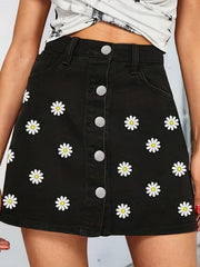 Floral Pattern Denim Skirt Single Breasted Button Women's Denim