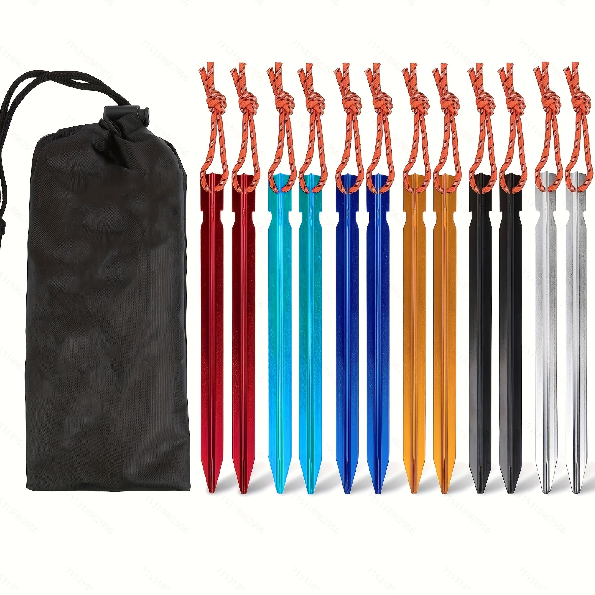 12pcs Colorful Aluminum Ground Nails with Reflective Rope for Camping