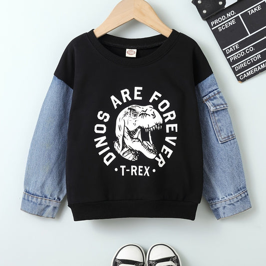 Baby Boys Denim Splicing Dinosaur Print Sweatshirt Top