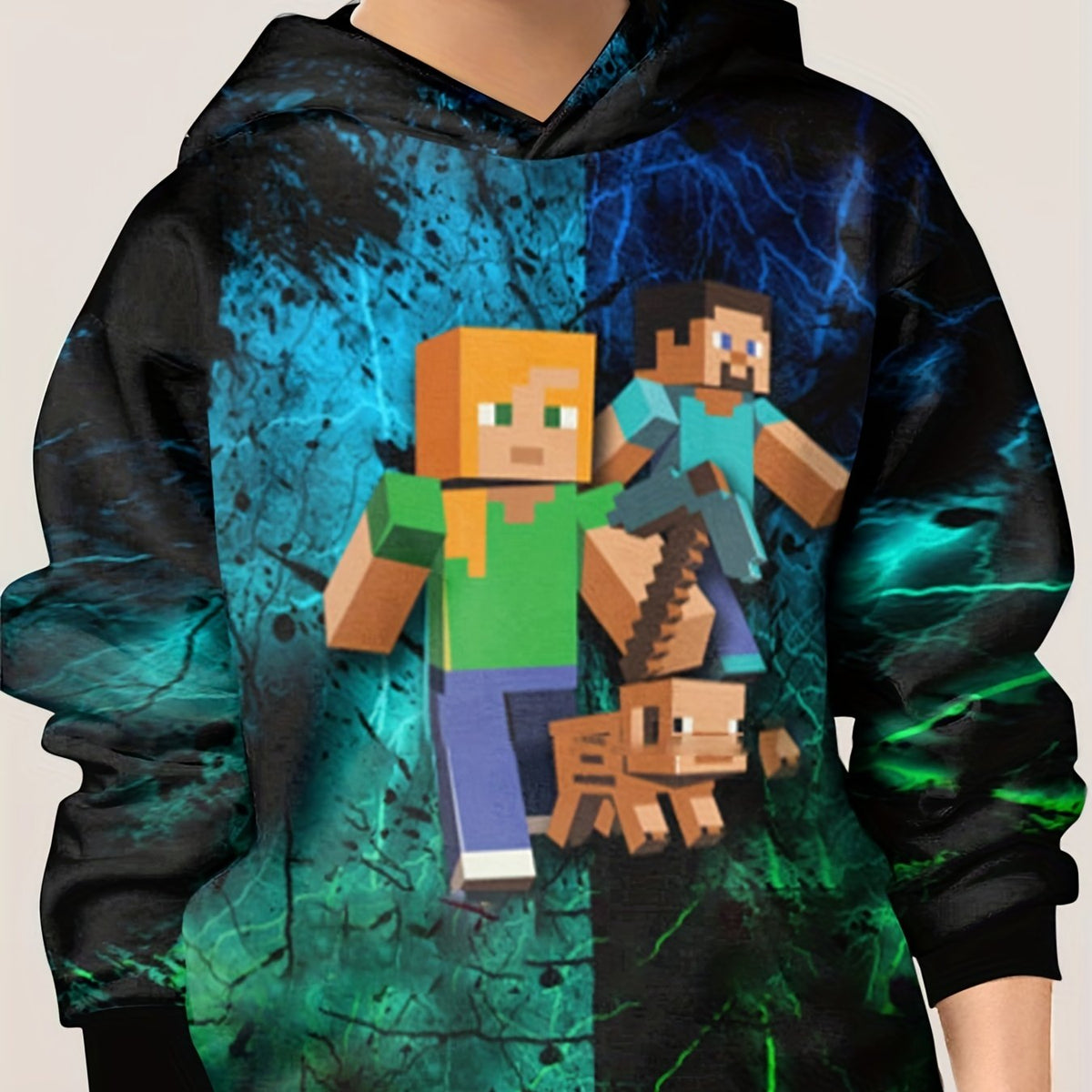 Pixel Human And Dog Print Boy's Hoodie - Long Sleeve Loose Hooded Sweatshirt