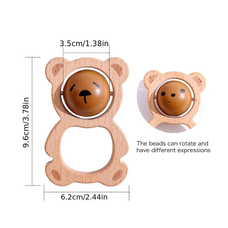 Wooden Bear Rattle for Babies Face Changing Cartoon Toy