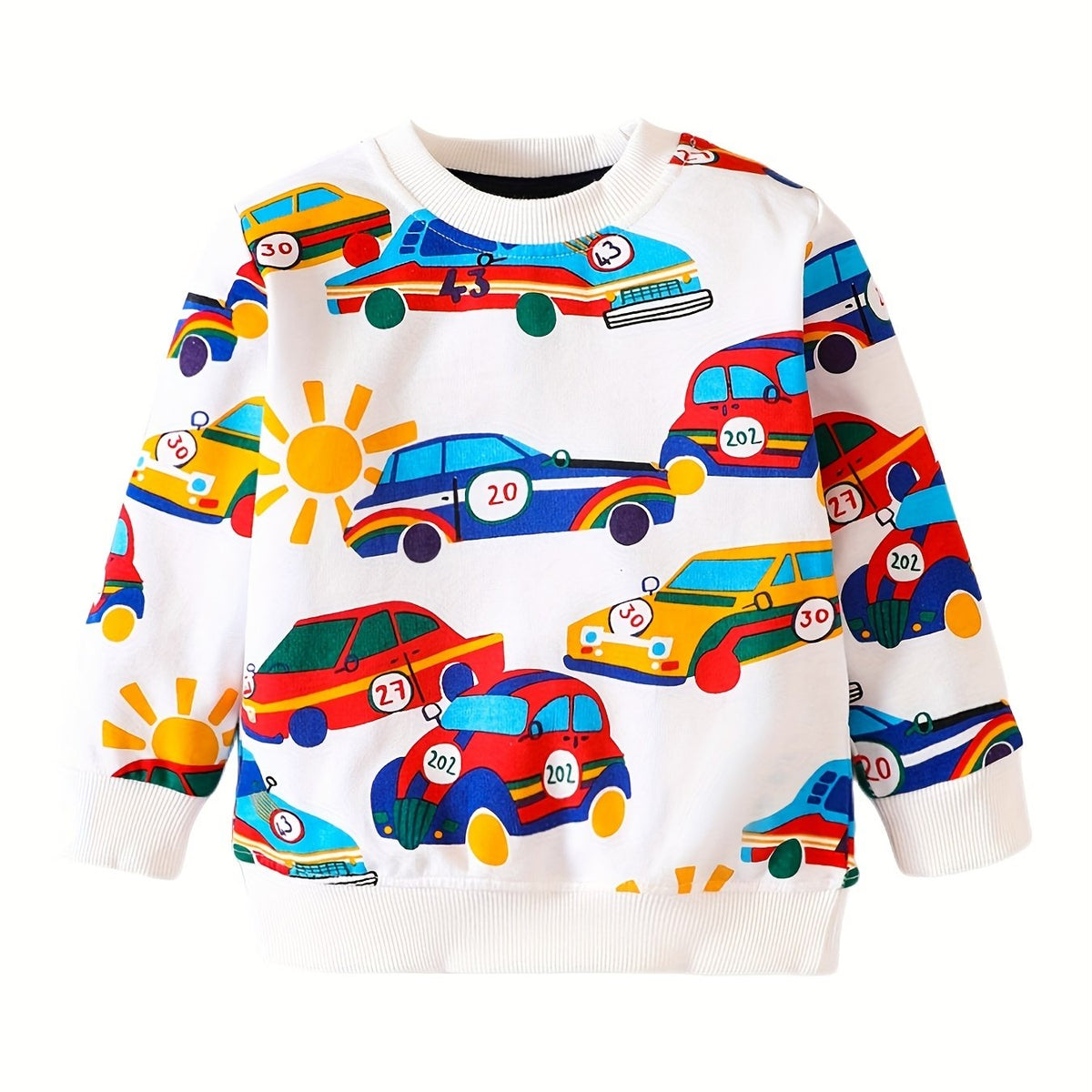 Car Print Boys Casual Pullover Sweatshirt Long Sleeve Crew Neck Tops