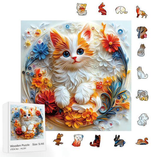 Floral Cat Wood Puzzle Animal Shapes Handcrafted Decor