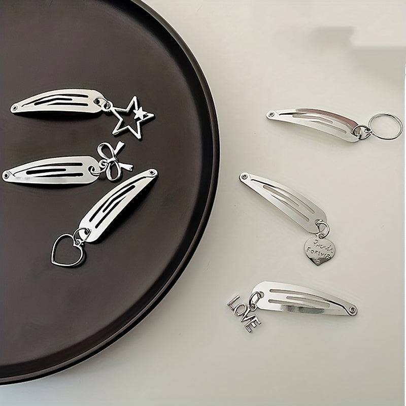 6pcs Silvery Hair Clip With Pendant Snap Clip Side Clip Bangs Clip