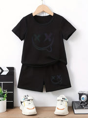 Boys Funny Face Print Casual Outfit T shirt & Shorts Kids Summer Clothes Sets