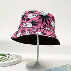 Skull Leaf Print Reversible Bucket Hat Lightweight Unisex Fisherman Cap