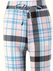 Women's Plus Plaid Print Drawstring Elastic High Rise Trousers