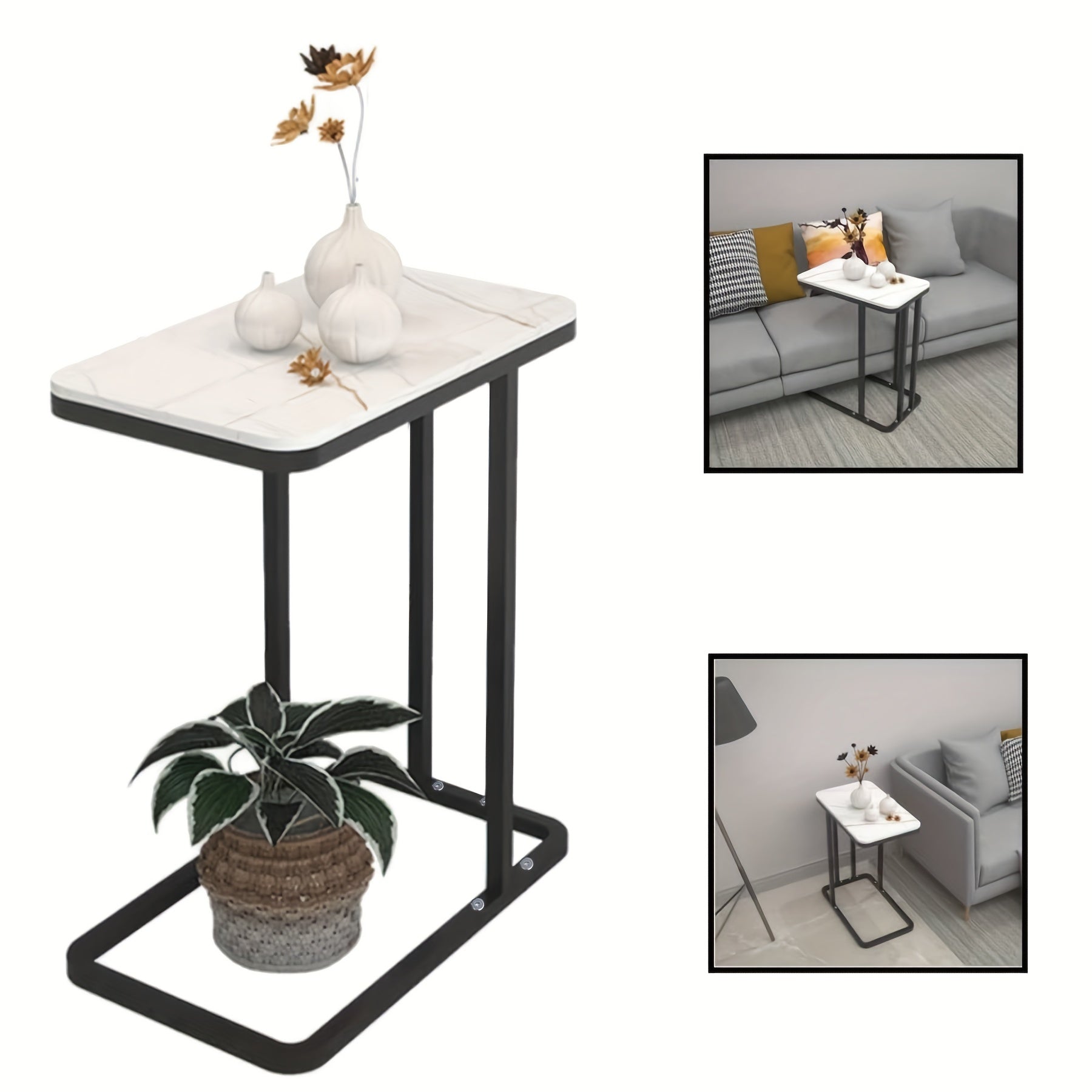 Marble Pattern C-Shaped End Table for Living Room, Bedroom