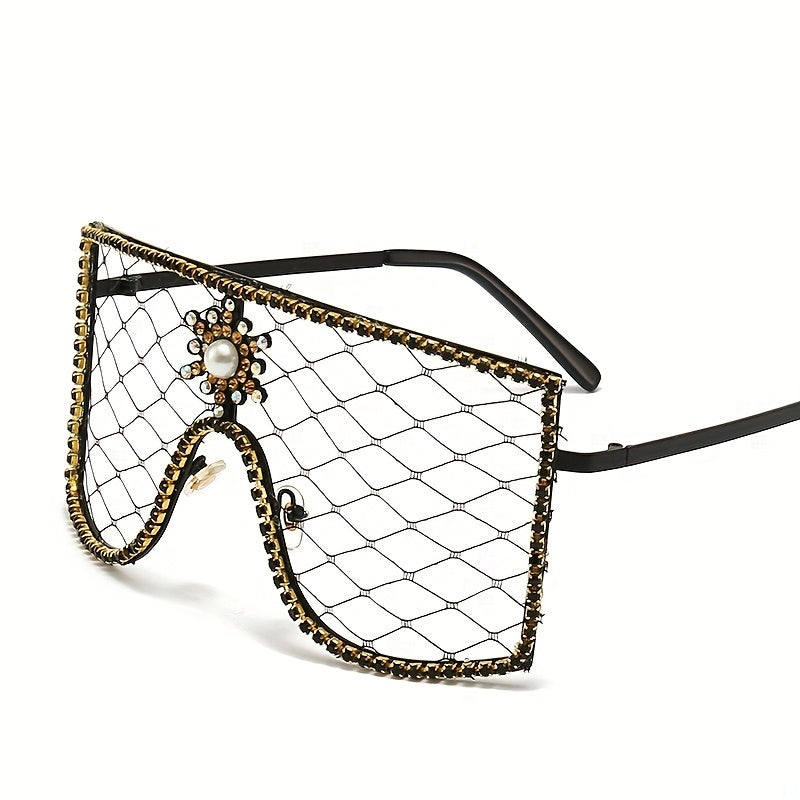 Women's Mesh Shield Glasses Faux Pearl Rhinestone Party Queen Costume