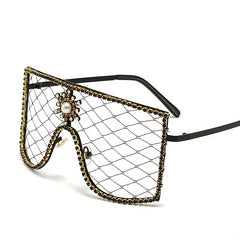 Women's Mesh Shield Glasses Faux Pearl Rhinestone Party Queen Costume
