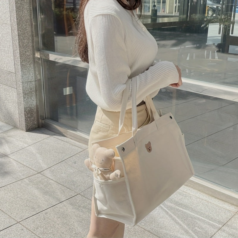 Large Capacity Bear Print Canvas Tote Bag Lightweight Shoulder Bag