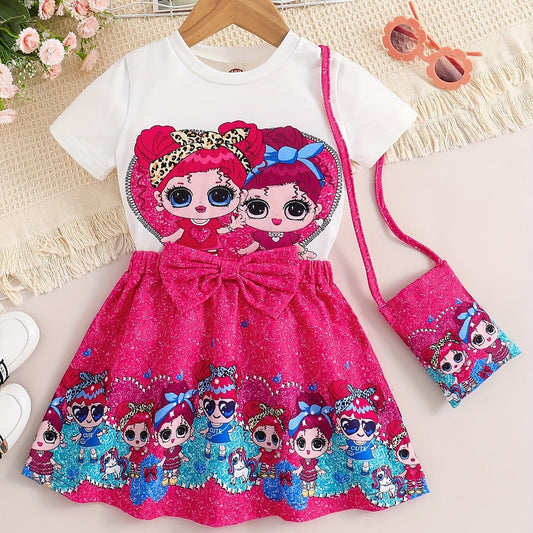 Girl Pattern Outfit 3pcs T-shirt & Bag & Skirt Set for Spring Autumn