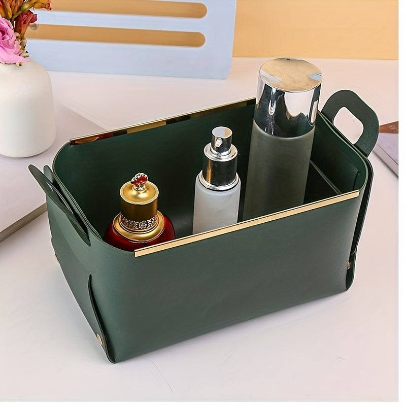 Desktop PU Leather Storage Basket Foldable Storage Box With Handle