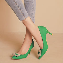 Crystal Decor Stiletto Heels Point Toe Faux Leather Pumps