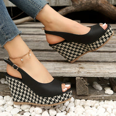 Women's Houndstooth Platform Wedge Sandals Peep Toe Buckle Strap Slingback Heels
