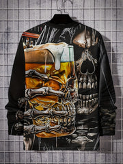 Skull Drinking Beer 3d Print Men's Long Sleeve T-shirt for Autumn