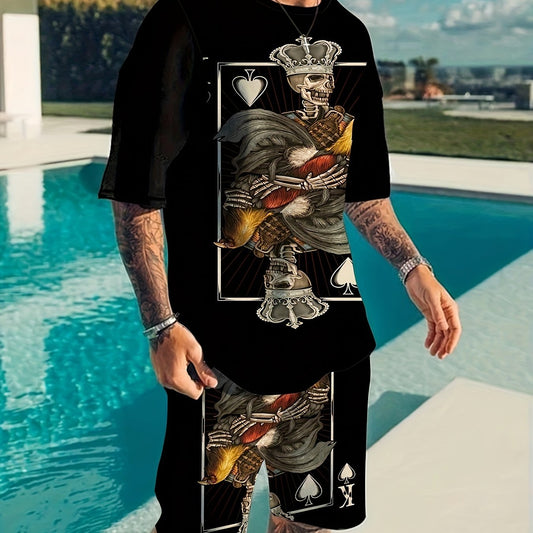Poker Pattern Men's 2 Piece Outfits Short Sleeve T-shirt & Casual Shorts Set