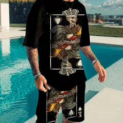 Poker Pattern Men's 2 Piece Outfits Short Sleeve T-shirt & Casual Shorts Set
