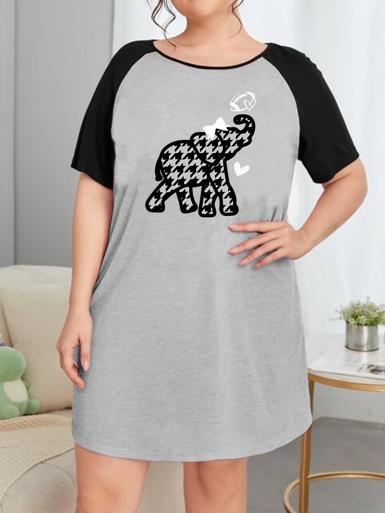  Casual Nightdress Women's Houndstooth Print Raglan Sleeve Tee Sleep