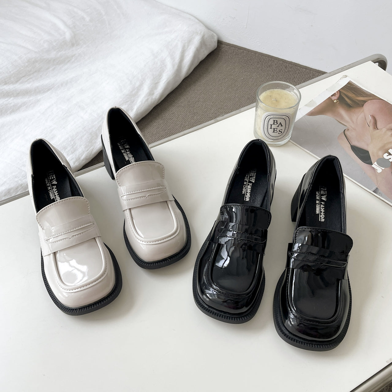 Women's Chunky Heeled Loafers, Faux Patent Leather